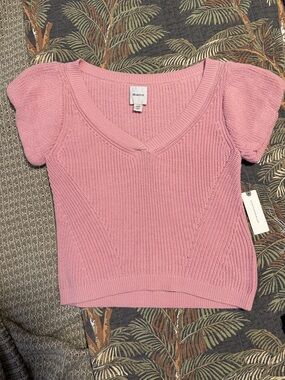 Maeve Blush Pink V-Neck Puff Sleeve Knit Top